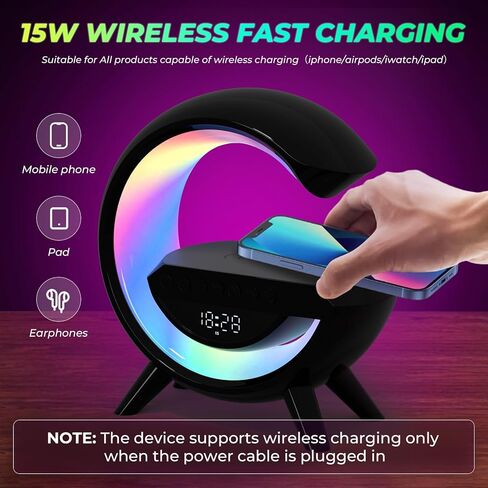 مكبر صوت بلوتوث مع محطة شحن لاسلكية، مصباح جو LED بجانب السرير وإضاءة محيطة لساعة منبه لغرف النوم، نوم ثقيل، تصميم G كهدايا لديكور غرفة النوم الجمالي in Kuwait