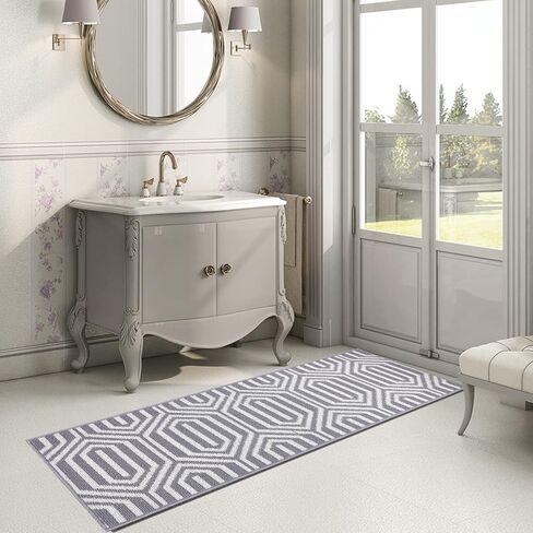 سجاد عداء Cekene للممر، 20 بوصة × 59 بوصة، سجادة مطبخ غير قابلة للانزلاق وقابلة للغسل مع دعم مطاطي، سجادة غسيل هندسية للمزرعة، سجادة أرضية متينة للمدخل، رمادي in Kuwait