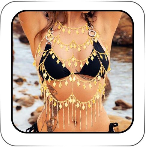 بوهو الترتر الجسم سلسلة الصدرية الذهب الطبقات سباركلي الصدر سلسلة شرابة الشاطئ بيكيني سلاسل الجسم للنساء in Kuwait