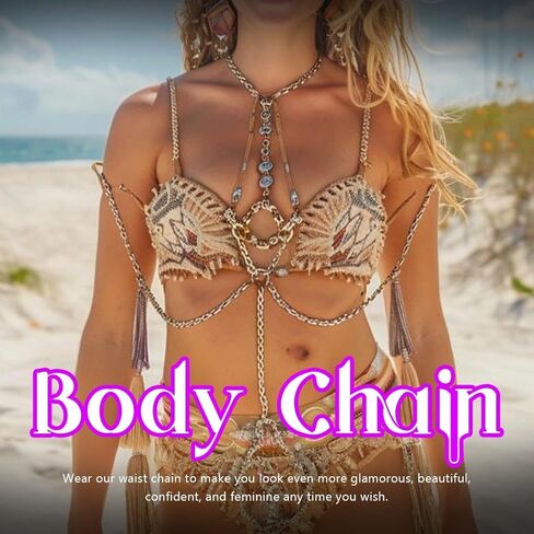 بوهو الترتر الجسم سلسلة الصدرية الذهب الطبقات سباركلي الصدر سلسلة شرابة الشاطئ بيكيني سلاسل الجسم للنساء in Kuwait