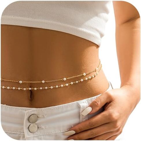 18K Plated Gold Waist Chain Layered, Adjustable Gold Belly Chains for Women, Body Chain Jewelry for Women, Stomach Jewelry Chain Bikini, Gold Waist Beads, Pearl Waist Chains 26-37 Inch in Saudi Arabia