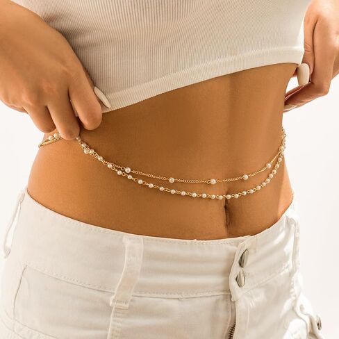 18K Plated Gold Waist Chain Layered, Adjustable Gold Belly Chains for Women, Body Chain Jewelry for Women, Stomach Jewelry Chain Bikini, Gold Waist Beads, Pearl Waist Chains 26-37 Inch in Saudi Arabia