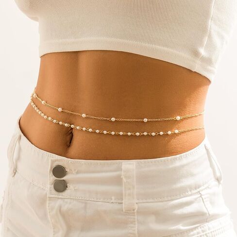 18K Plated Gold Waist Chain Layered, Adjustable Gold Belly Chains for Women, Body Chain Jewelry for Women, Stomach Jewelry Chain Bikini, Gold Waist Beads, Pearl Waist Chains 26-37 Inch in Saudi Arabia