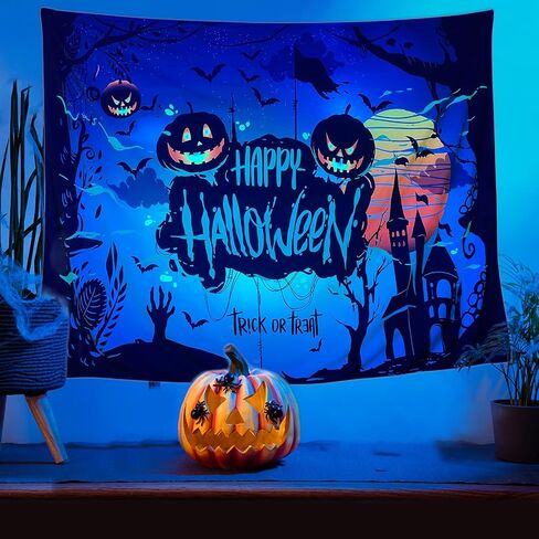shoowyees Halloween Blacklight Wall Tapestry - Night Tapestry Wall Hanging Haunted Woods with Grave and Pumpkins, UV Reactive Wall Blanket for Bedroom Living Room Dorm Decor in Saudi Arabia
