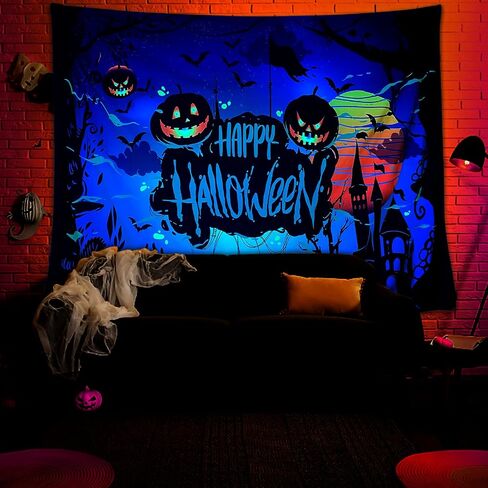 shoowyees Halloween Blacklight Wall Tapestry - Night Tapestry Wall Hanging Haunted Woods with Grave and Pumpkins, UV Reactive Wall Blanket for Bedroom Living Room Dorm Decor in Saudi Arabia