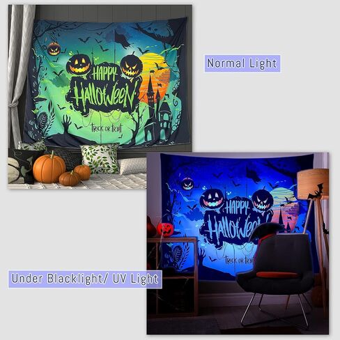 shoowyees Halloween Blacklight Wall Tapestry - Night Tapestry Wall Hanging Haunted Woods with Grave and Pumpkins, UV Reactive Wall Blanket for Bedroom Living Room Dorm Decor in Saudi Arabia