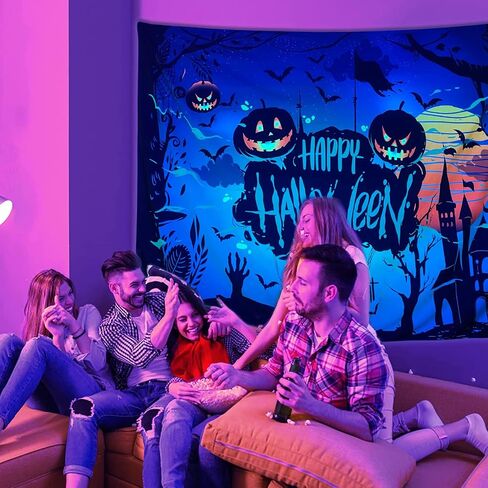 shoowyees Halloween Blacklight Wall Tapestry - Night Tapestry Wall Hanging Haunted Woods with Grave and Pumpkins, UV Reactive Wall Blanket for Bedroom Living Room Dorm Decor in Saudi Arabia