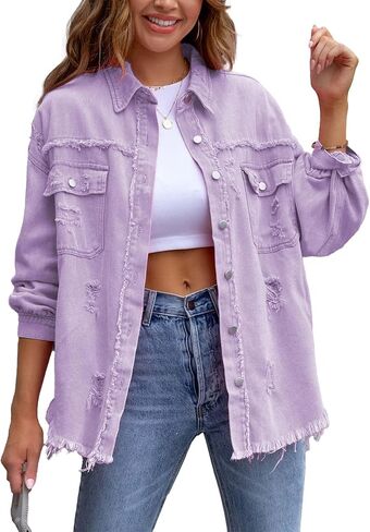 SEMATOMALA Women's Frayed Hem Ripped Denim Shirt Jacket Button Front Boyfriend Jean Coat Oversized Distressed Fall Shacket in Kuwait