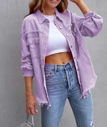 SEMATOMALA Women's Frayed Hem Ripped Denim Shirt Jacket Button Front Boyfriend Jean Coat Oversized Distressed Fall Shacket in Kuwait