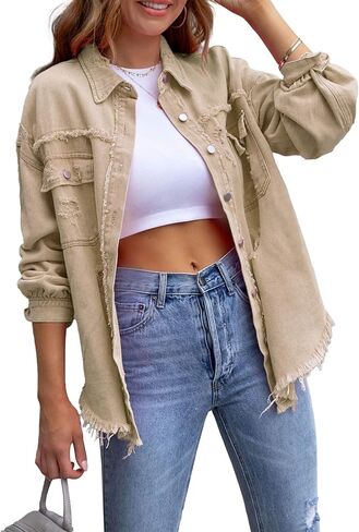 SEMATOMALA Women's Frayed Hem Ripped Denim Shirt Jacket Button Front Boyfriend Jean Coat Oversized Distressed Fall Shacket in Kuwait
