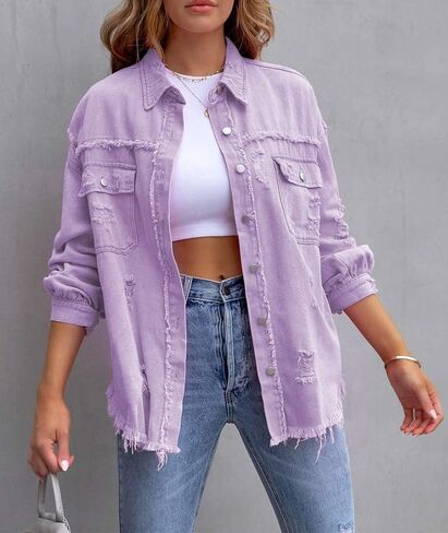 SEMATOMALA Women's Frayed Hem Ripped Denim Shirt Jacket Button Front Boyfriend Jean Coat Oversized Distressed Fall Shacket in Kuwait