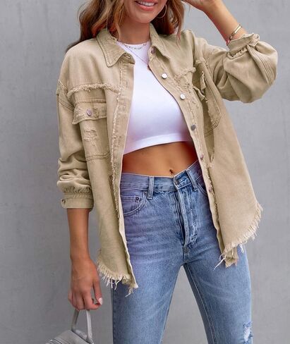 SEMATOMALA Women's Frayed Hem Ripped Denim Shirt Jacket Button Front Boyfriend Jean Coat Oversized Distressed Fall Shacket in Kuwait