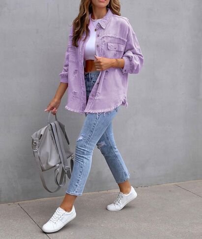 SEMATOMALA Women's Frayed Hem Ripped Denim Shirt Jacket Button Front Boyfriend Jean Coat Oversized Distressed Fall Shacket in Kuwait