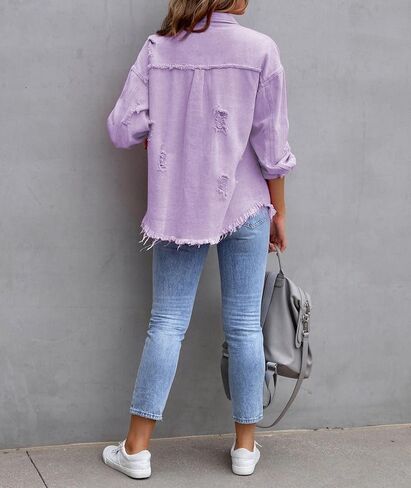 SEMATOMALA Women's Frayed Hem Ripped Denim Shirt Jacket Button Front Boyfriend Jean Coat Oversized Distressed Fall Shacket in Kuwait