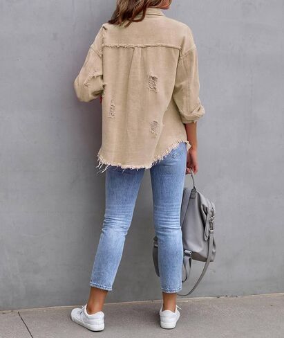 SEMATOMALA Women's Frayed Hem Ripped Denim Shirt Jacket Button Front Boyfriend Jean Coat Oversized Distressed Fall Shacket in Kuwait