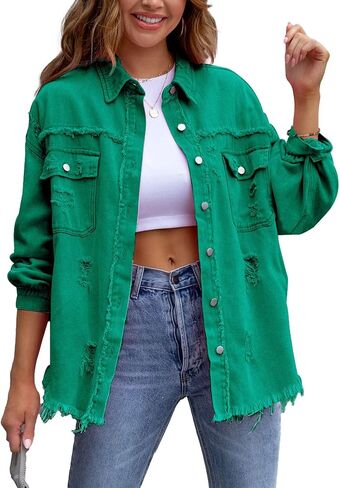 SEMATOMALA Women's Frayed Hem Ripped Denim Shirt Jacket Button Front Boyfriend Jean Coat Oversized Distressed Fall Shacket in Kuwait
