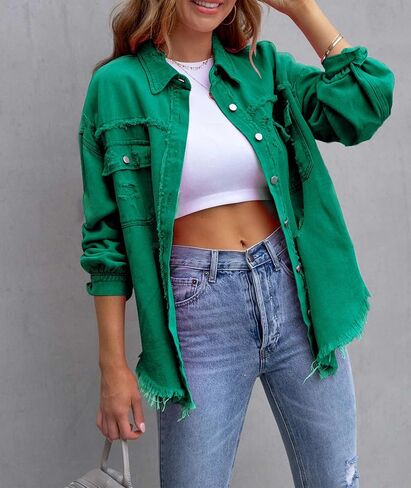 SEMATOMALA Women's Frayed Hem Ripped Denim Shirt Jacket Button Front Boyfriend Jean Coat Oversized Distressed Fall Shacket in Kuwait