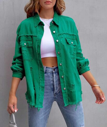 SEMATOMALA Women's Frayed Hem Ripped Denim Shirt Jacket Button Front Boyfriend Jean Coat Oversized Distressed Fall Shacket in Kuwait