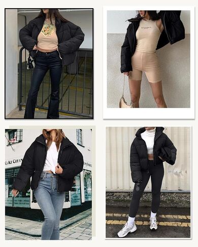 Women’s Cropped Puffer Jacket Long Sleeve Winter Puffy Coat Short Warm Casual Quilted Jackets in Saudi Arabia