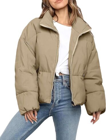 Women’s Cropped Puffer Jacket Long Sleeve Winter Puffy Coat Short Warm Casual Quilted Jackets in Saudi Arabia