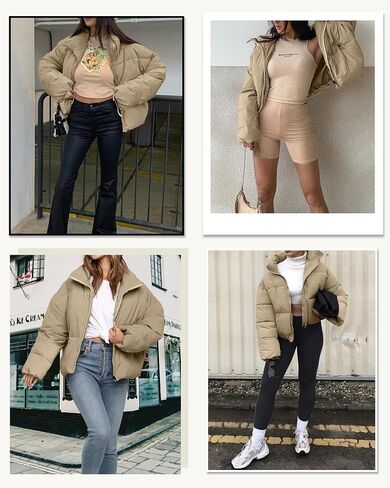 Women’s Cropped Puffer Jacket Long Sleeve Winter Puffy Coat Short Warm Casual Quilted Jackets in Saudi Arabia