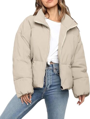 Women’s Cropped Puffer Jacket Long Sleeve Winter Puffy Coat Short Warm Casual Quilted Jackets in Saudi Arabia