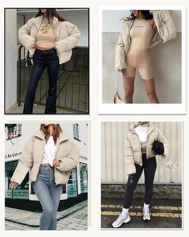 Women’s Cropped Puffer Jacket Long Sleeve Winter Puffy Coat Short Warm Casual Quilted Jackets in Saudi Arabia