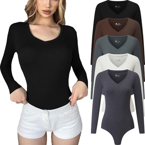 FMNNNN 5 Pack Body Suits for Womens Long Sleeve V Neck Casual Stretchy Basic T Shirt Bodysuit Tops in Saudi Arabia