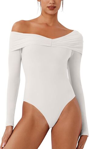 REORIA Women's Long Sleeve Oblique-Shoulder Double Layer Ruched Sexy Bodysuit 2024 Fall/Winter Designer Collection in Saudi Arabia
