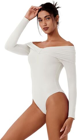 REORIA Women's Long Sleeve Oblique-Shoulder Double Layer Ruched Sexy Bodysuit 2024 Fall/Winter Designer Collection in Saudi Arabia