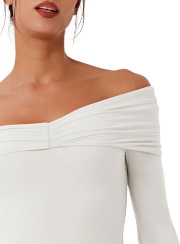 REORIA Women's Long Sleeve Oblique-Shoulder Double Layer Ruched Sexy Bodysuit 2024 Fall/Winter Designer Collection in Saudi Arabia