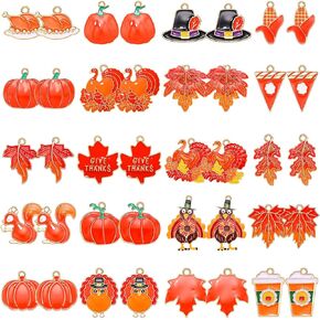 CEALXHENY 40/50PCS Fall Charms for Jewelry Making, Thanksgiving Pumpkin Maple Leaf Turkey Pendant Charms for DIY Autumn Bracelet Necklace Earrings Crafts