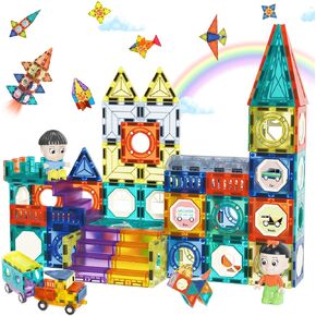 Magnetic Tiles Building Blocks 139 Pcs Include 2 Cars and 2 Figures for Kids Ages 3-12, Magnetic Blocks Magnet Tiles for Toddlers, STEM Toys Birthday Gift for Boys & Girls