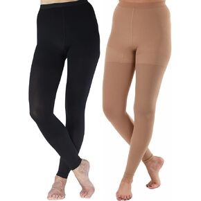 ABSOLUTE SUPPORT (2 Pairs) Footless Compression Under Dress Leggings and High Waist Pantyhose Stockings for Women 20-30mmHg - Beige & Black, Medium