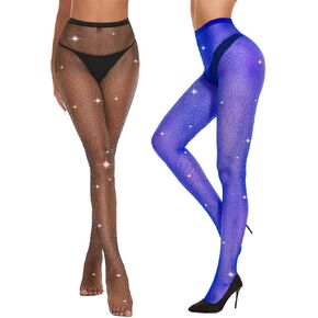 Century Star 2 Pack Fishnet Stockings for Women Sexy Fishnet Tights Sheer Sparkly Tights Rhinestone Glitter Fishnets Leggings