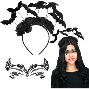 Halloween Black Bat Headband and Black Face Gem Bat Mask or Women Bat Halloween Dress Up Costume Accessories