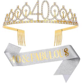 Sliver Gold "40 & Fabulous" Sash & Rhinestone Tiara Set, 40th Birthday Gifts for Women, Birthday Sash/Tiara for Women's 40th Birthday Party Decoration (Sliver 40th)
