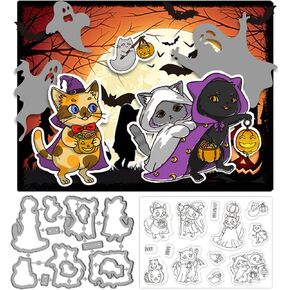 ORIGACH Halloween Cat Clear Stamps and Cutting Dies for Card Making, Cat Silicone Transparent Stamps and Die Cuts Set for Halloween DIY Craft Scrapbooking Photo Album Journaling
