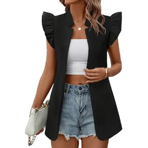 Floerns Women's Open Front Solid Collared Notch Neck Flounce Cap Sleeve Vest Coat