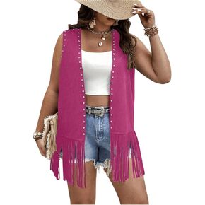 GORGLITTER Women's Plus Size Fringe Vest Cowgirl Concert Outfits Rivets Sleeveless Tassel Jacket