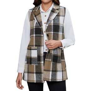 Women's Plaid Vest Coat Casual Button Front Sleeveless Blazer Jacket Outerwear with Pockets