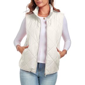 Women's Quilted Vest 2024 Sleeveless Zip Up Coat Stand Collar Gilet Jacket with Pockets