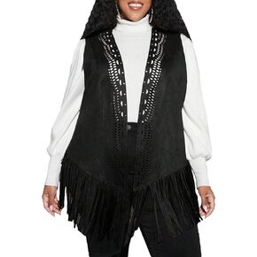 WDIRARA Women's Plus Fringe Sleeveless Vest Fringe Tassel Faux Suede Open Front 70S Hippie Jacket Cardigan