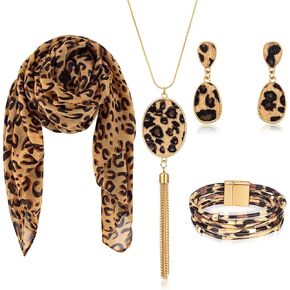 4 Pcs Leopard Print Scarf and Jewelry Set Women Cheetah Wrap Shawl Dangle Earrings Leather Necklace Multilayer Bracelet Bohemia Leopard Print Accessories for Mother's Day Gift Party Costume