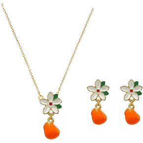 RTY Citrus and Gardenia Flower Necklace and Earrings Set for Women Orange Fruit White Flower Choker Necklace Funny Orange with Flower Drop Earrings