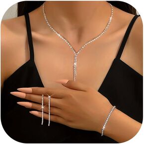 Jstyle Silver Jewelry Set Wedding Jewelry Sets for Brides Bridesmaid Rhinestone Crystal Necklace Dangle Earrings Bracelet Set Bridal Wedding Prom Formal Costume Jewelry for Women