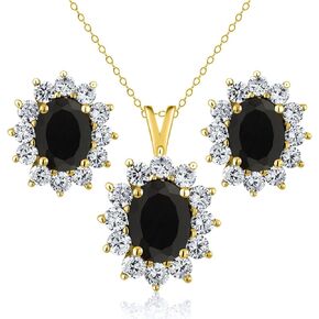Gem Stone King 18K Yellow Gold Plated Silver Black Onyx Pendant and Earrings Jewelry Set For Women (3.45 Cttw, Gemstone December Birthstone, Oval 8X6MM and 7X5MM, with 18 Inch Silver Chain)