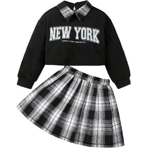 Girls autumn Letter Printed Crop Pullover and Plaid Skirt Set 2 piece outfit 2-8 Years