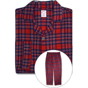 Brooks Brothers Mens Flannel Cotton Two Piece Pajama Shirt and Elast Pants Lounge Set, (Large, 201447 Red/Navy Plaid)