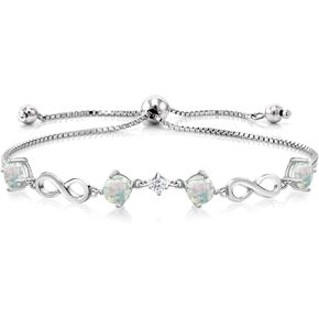 Gem Stone King 2.09 Ct Round Cabochon White Simulated Opal White Topaz 925 Silver Keren Hanan Women Adjustable Infinity Tennis Link Bracelet